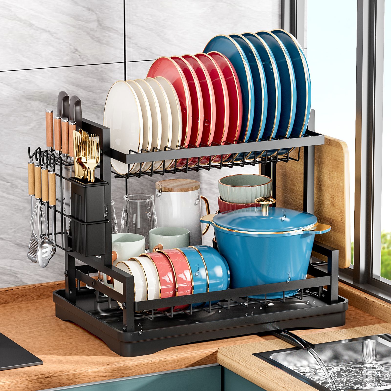 Tier Dish Rack Drainer Set Tier Multi-Functional Dish Drainer Grey