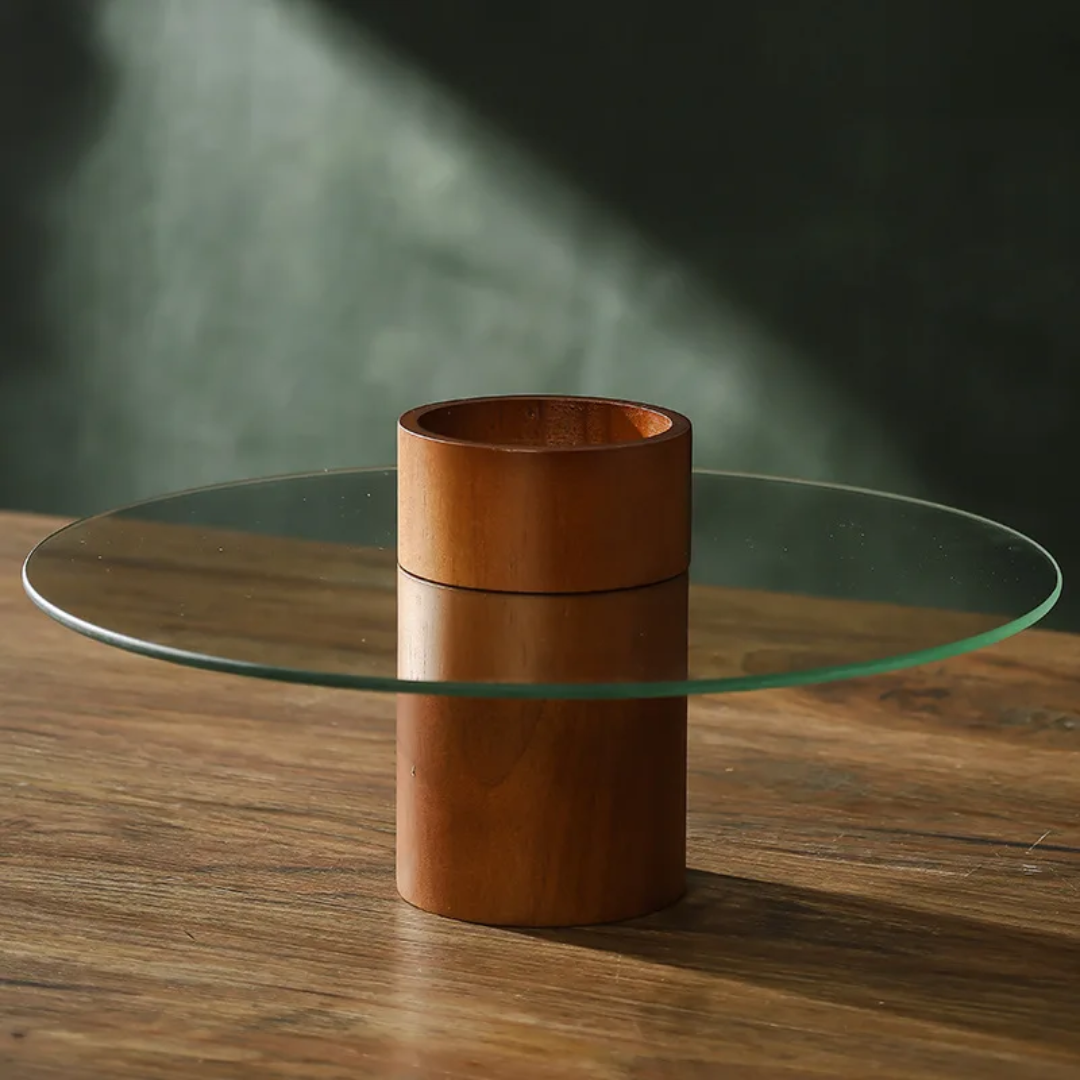 Glass Serving Stand with Raised Center and Acacia Base | 30cm Diameter