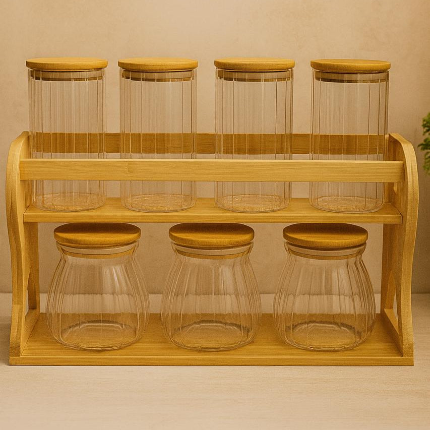 Bamboo Stand with 7 Glass Airtight Jars