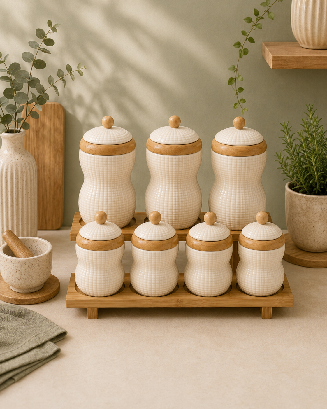 Porcelain×Bamboo Containers Set with Rack