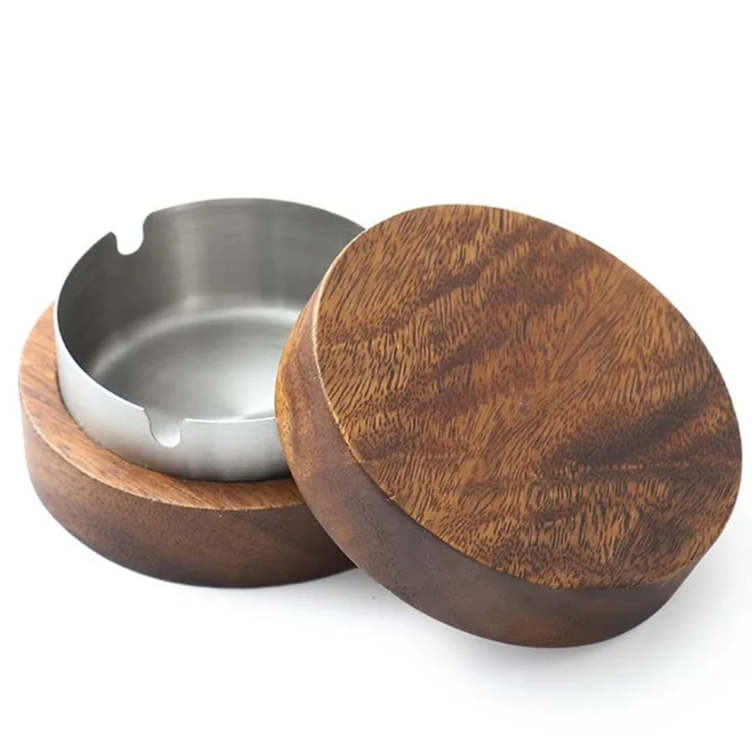 Stainless Steel Ashtray with Dark Bamboo Base and Lid
