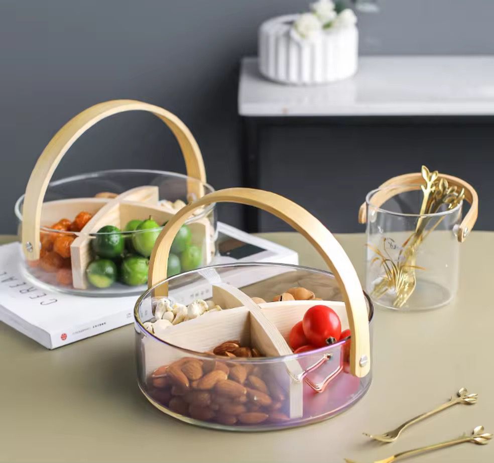Glass Serving Tray with Bamboo Handle