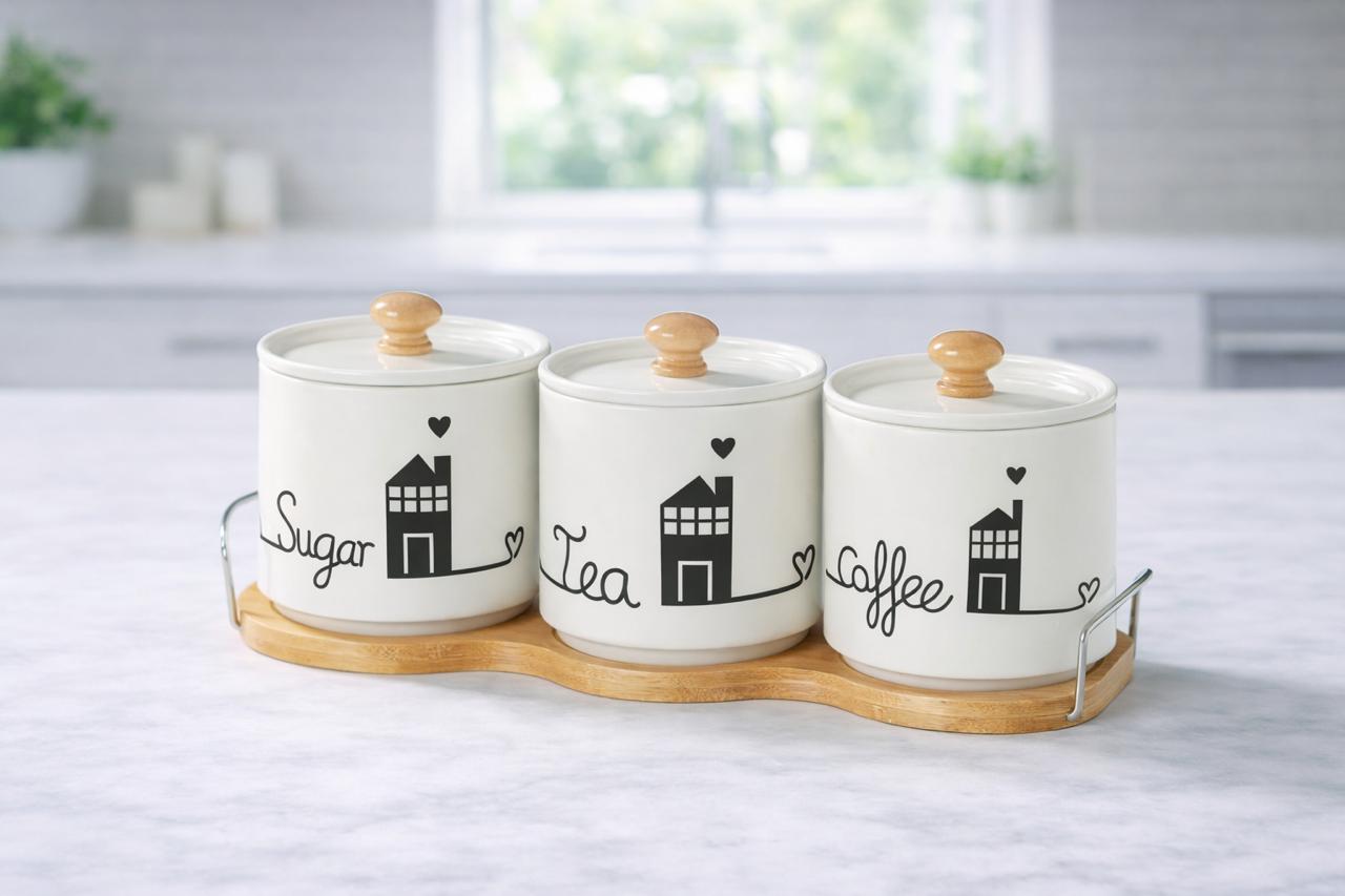 Porcelain 3 in 1 Sugar, Tea, Coffee Jars with Bamboo Tray