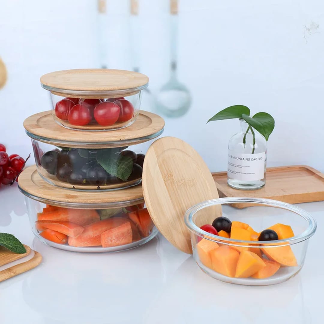 Glass tupperware set with bamboo lids