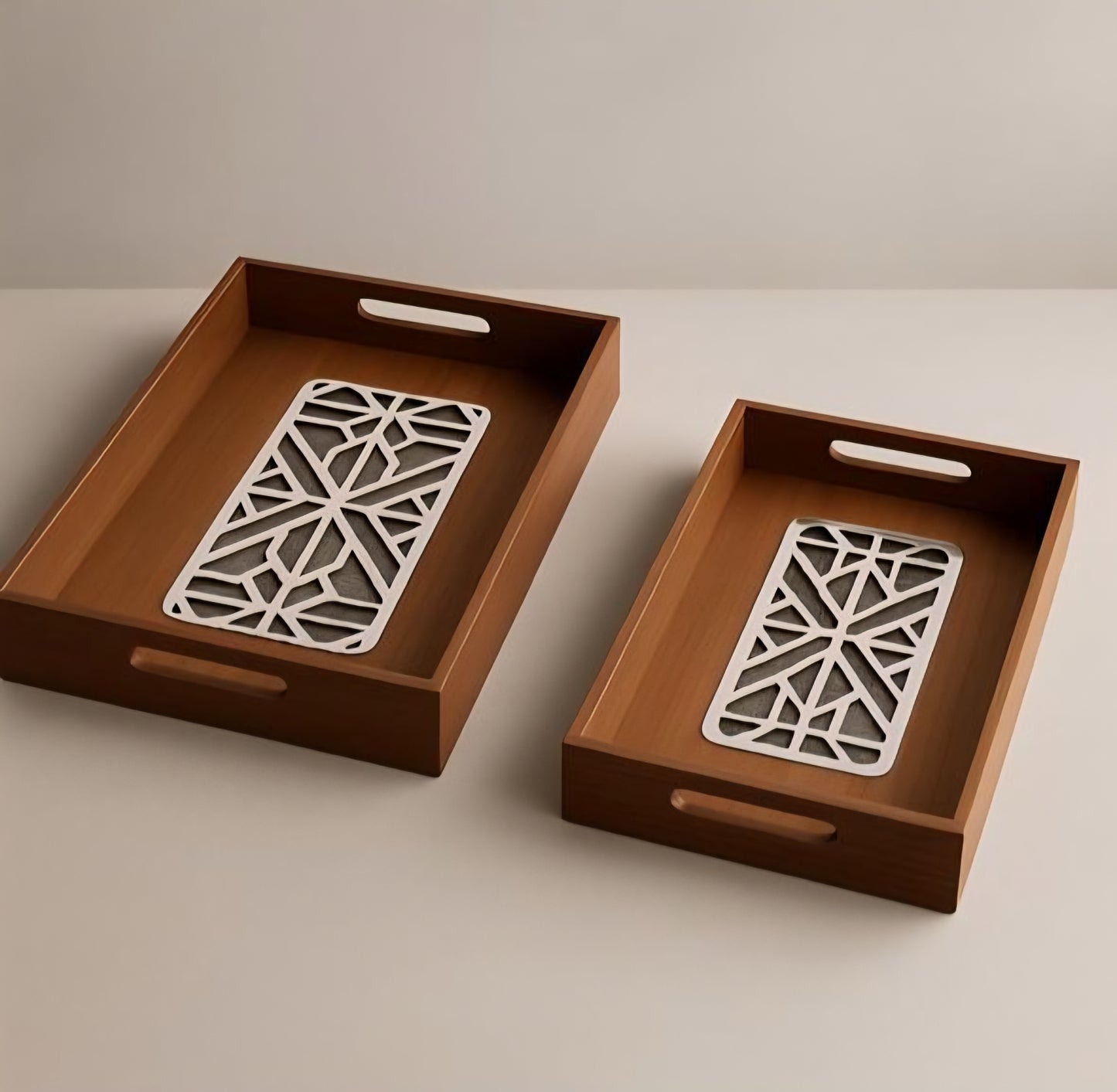 Rectangular Wooden Serving Tray Set with Geometric Inlay – 2 Pieces