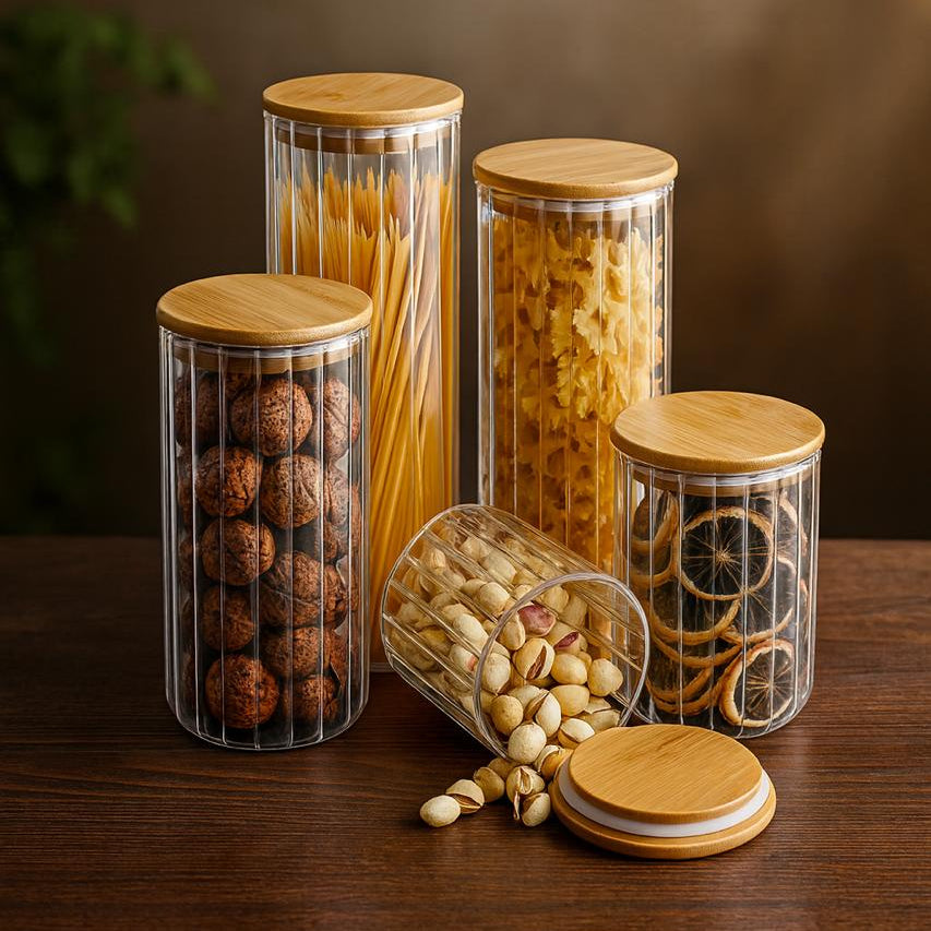 Set of 5 Ribbed Glass Jars with Bamboo Airtight Lids | Diameter 8cm