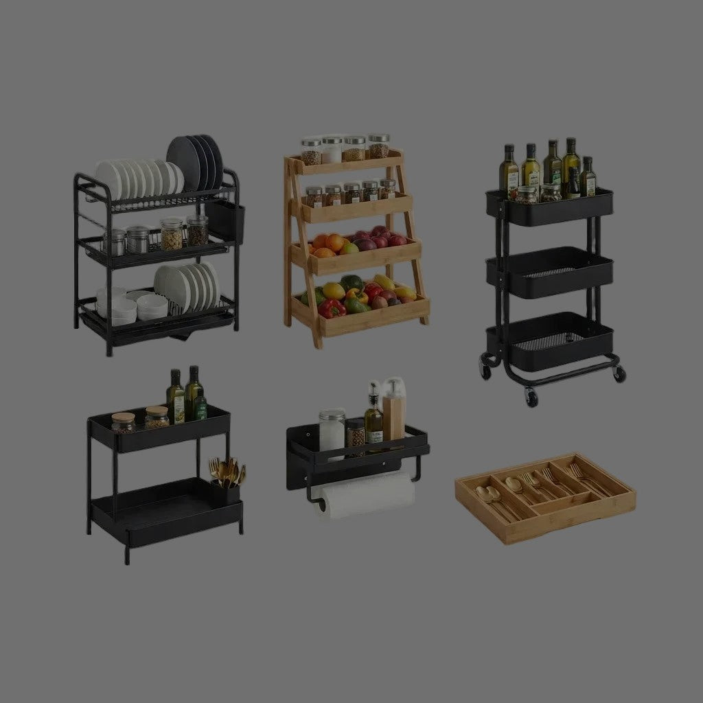 Black dish drying rack, bamboo tiered rack with spice jars and fruit, black rolling storage cart, black counter shelf, wall shelf with paper towel holder and bamboo cutlery tray