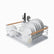 White metal dish drying rack with bamboo handles holding white plates, bowls and cutlery in a utensil holder