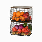 2-in-1 Black Stainless Steel Fruit Basket with Wooden Lid - stackable wire baskets with fruit and vegetables