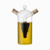 Glass oil and vinegar bottle with grape-shaped inner chamber and 2 cork spouts