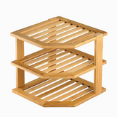 Empty bamboo 3-tier corner shelf with slatted shelves