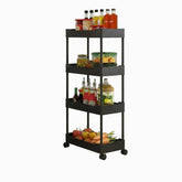 Slim black 4-tier rolling storage cart on wheels with shelves holding sauce bottles, jars, oil and fresh vegetables