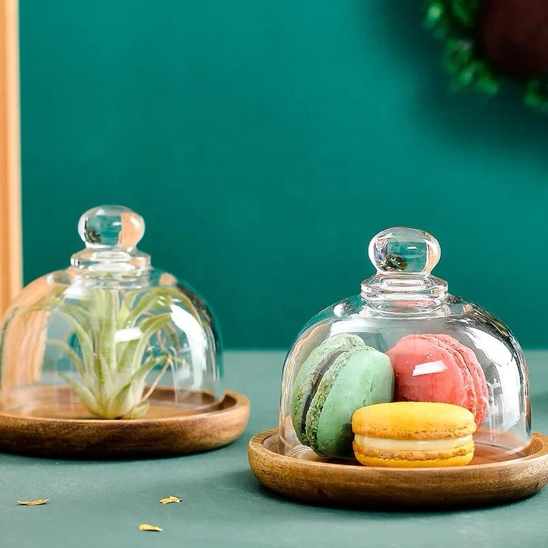 Wooden Dessert Plate With Glass Dome