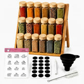 Bamboo 3-tier spice rack with 18 glass jars of spices and bamboo lids, with clear Arabic and English spice labels, blank black labels, white chalk pen, black silicone funnel and cleaning brush