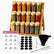 Bamboo 3-tier spice rack with 18 glass jars of spices and bamboo lids, with clear Arabic and English spice labels, blank black labels, white chalk pen, black silicone funnel and cleaning brush