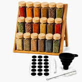 Bamboo 3-tier spice rack with 18 glass jars with bamboo lids, blank chalkboard labels, chalk marker, funnel and brush