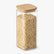 Square glass storage jar with bamboo lid filled with oats