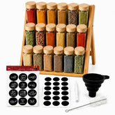 Bamboo 3-tier spice rack with 18 glass jars with bamboo lids, black round Arabic and English labels and accessories