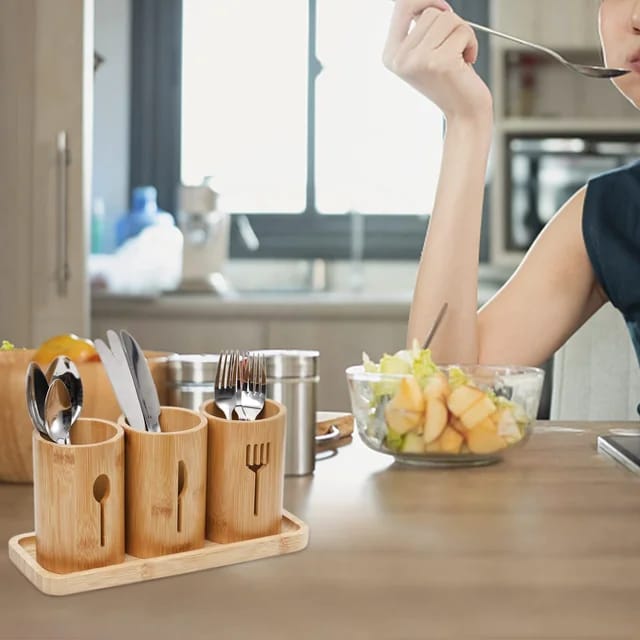 3 Pieces Bamboo Utensils Organizer