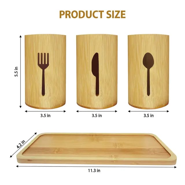 3 Pieces Bamboo Utensils Organizer