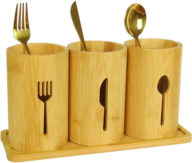 3 Pieces Bamboo Utensils Organizer