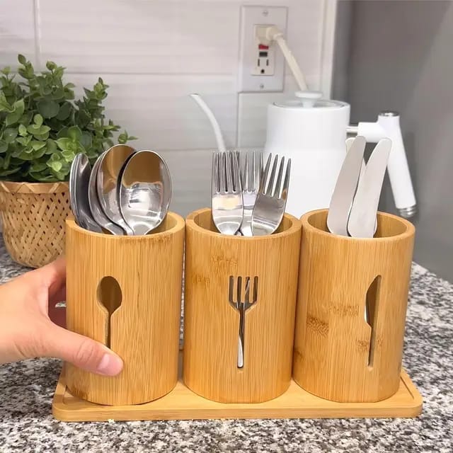 3 Pieces Bamboo Utensils Organizer