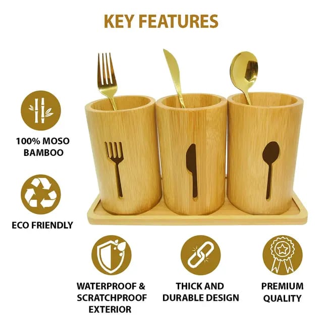 3 Pieces Bamboo Utensils Organizer