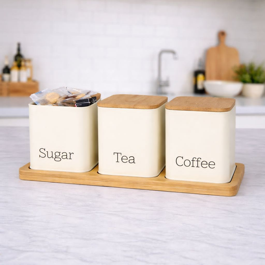 Sugar, Tea & Coffee Metal Storage Canisters Set
