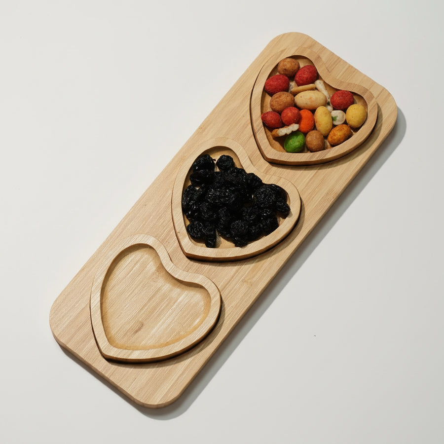 Heart-Shaped Bamboo Serving Tray with 3 Plates