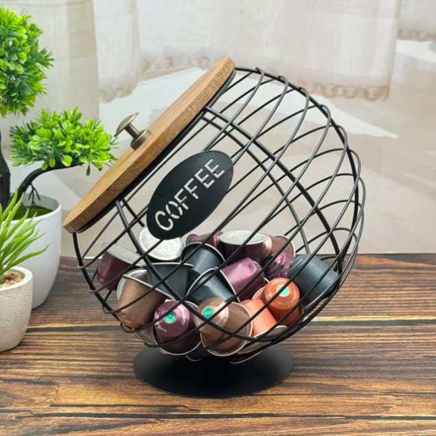 Round Wire Coffee Pod Holder with Wooden Lid