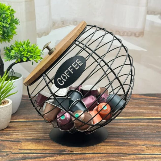 Round Wire Coffee Pod Holder with Wooden Lid