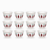 Set of 12 white Arabic coffee cups with turquoise tulips, burgundy leaves and gold rim lines arranged in 3 rows
