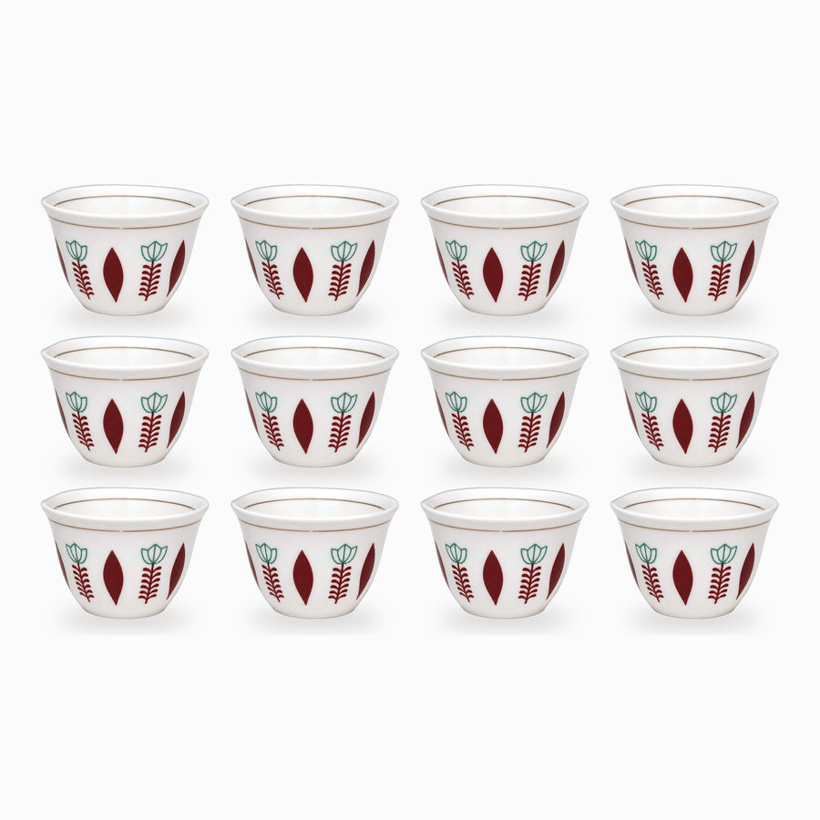 Set of 12 white Arabic coffee cups with turquoise tulips, burgundy leaves and gold rim lines arranged in 3 rows