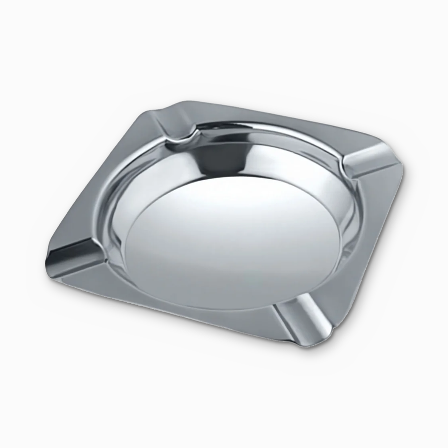 Polished stainless steel square ashtray with a round bowl and four cigarette rests, angled view