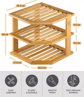 Bamboo 3-tier corner shelf dimensions 25.4 x 24 cm, 9.5 cm between shelves