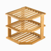 Empty bamboo 3-tier corner shelf with slatted shelves