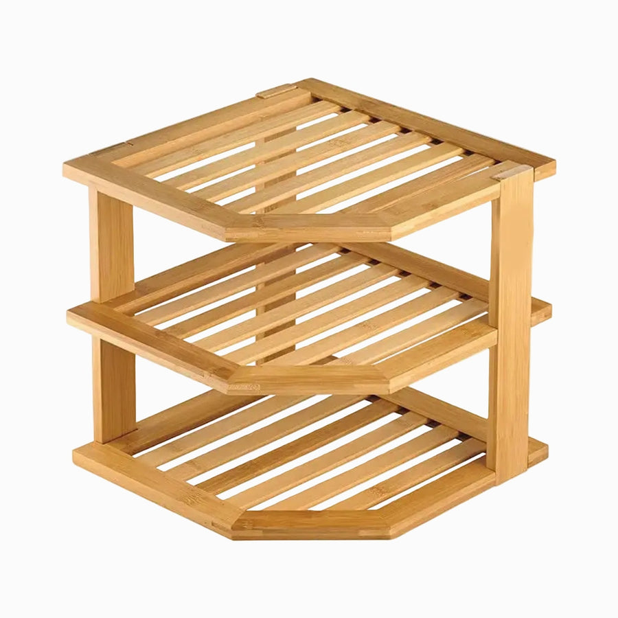 Empty bamboo 3-tier corner shelf with slatted shelves