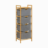 Tall bamboo shelf with an open top and 4 grey fabric drawers with bamboo pull bars