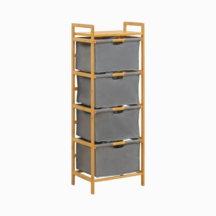 Tall bamboo shelf with an open top and 4 grey fabric drawers with bamboo pull bars