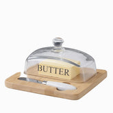 Bamboo Butter Dish with Glass Dome - with butter knife