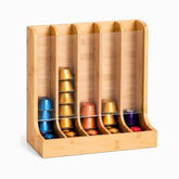Bamboo Coffee Pod Holder with 5 columns and clear front, filled with colorful coffee capsules