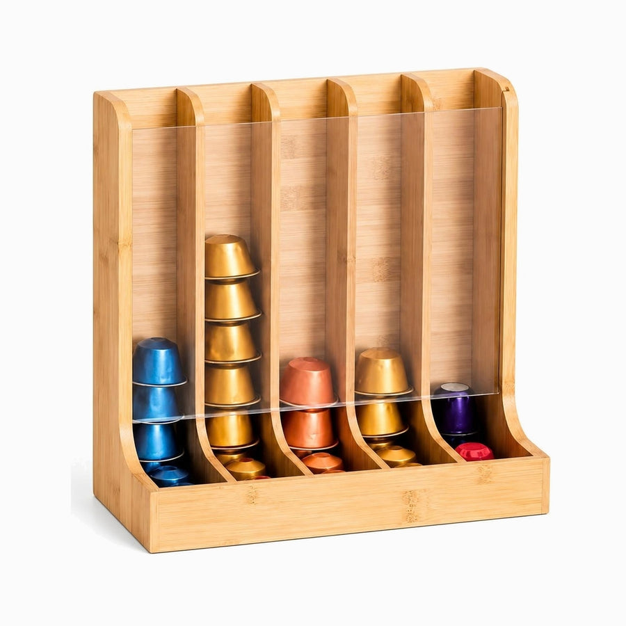 Bamboo Coffee Pod Holder with 5 columns and clear front, filled with colorful coffee capsules