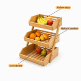 3-tier bamboo fruit basket features: airflow slots, slatted base and natural bamboo