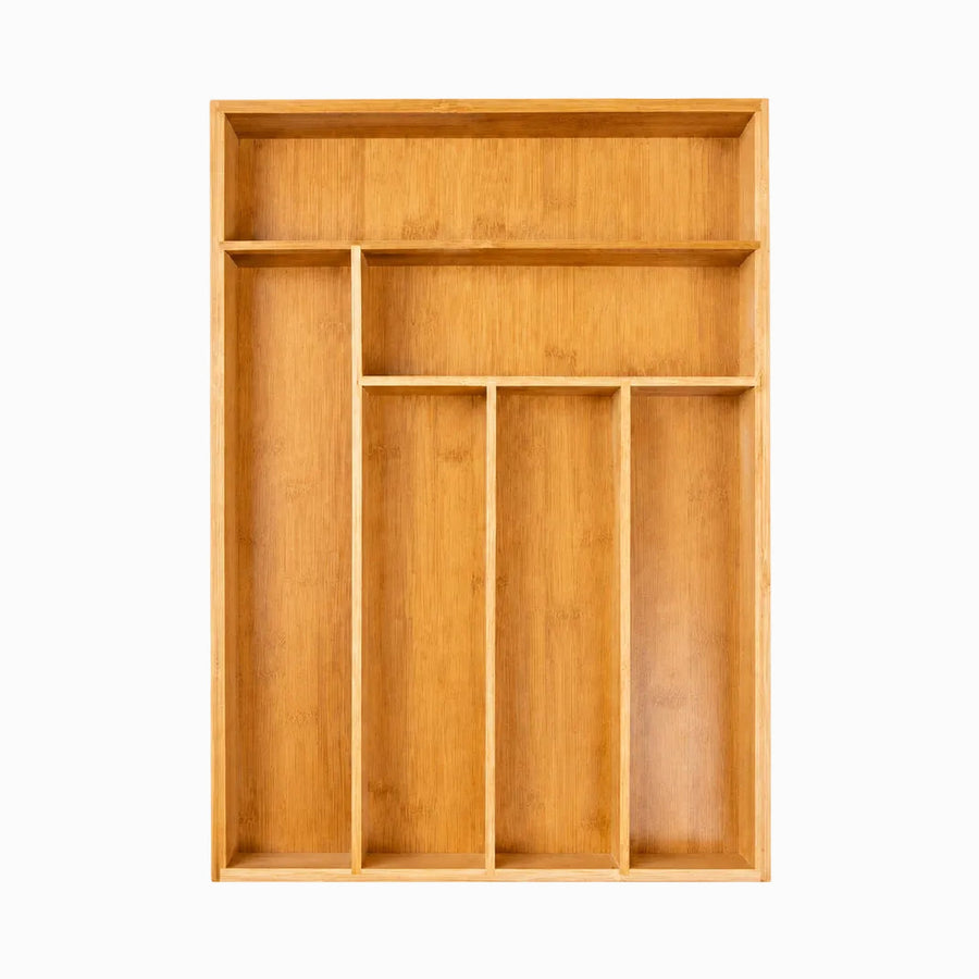 Top view of a bamboo drawer organizer with 6 compartments