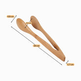 Bamboo kitchen tongs dimensions 30 cm long, 4.8 cm head, 4.5 cm between heads, 1.7 cm hinge end