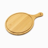 Round bamboo pizza board with juice groove and handle with hanging hole