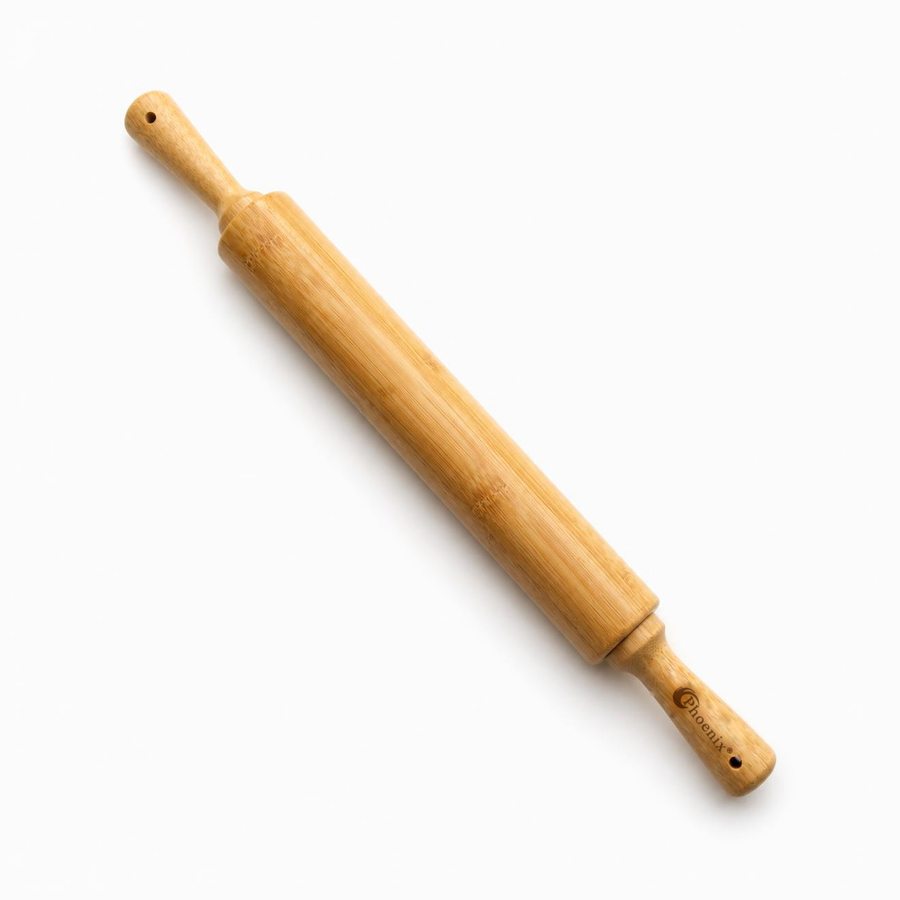 Bamboo rolling pin with two smooth handles and hanging holes, Phoenix logo engraved on one handle