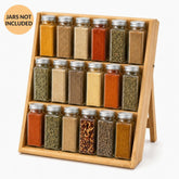 Bamboo 3-tier spice rack holding 18 spice jars with silver lids, jars not included