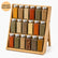 Bamboo 3-tier spice rack holding 18 spice jars with silver lids, jars not included