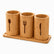 3 empty bamboo utensil cups with spoon, fork and knife cut-outs on a bamboo tray